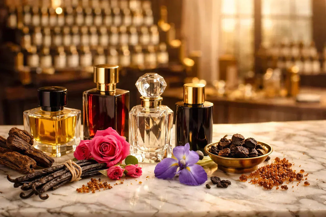 Atelier de haute parfumerie avec flacons de parfums de niche